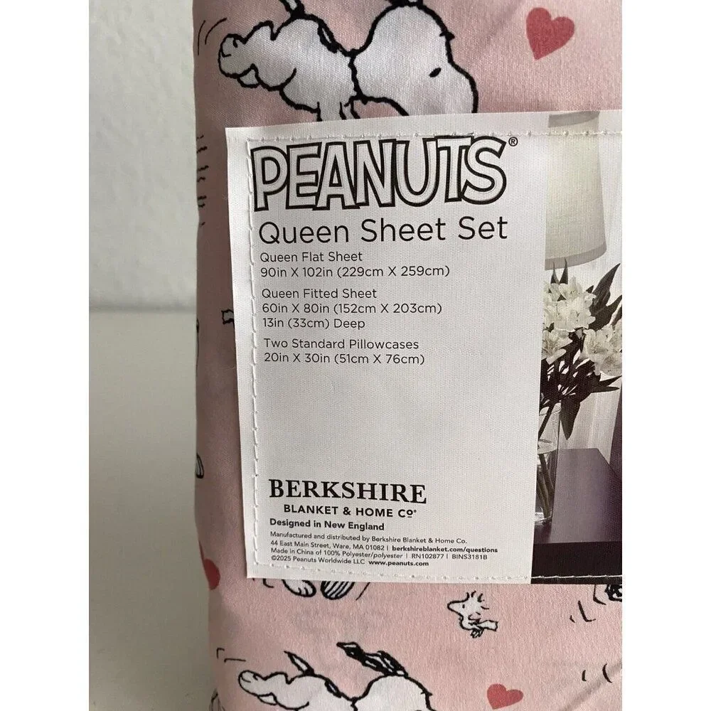 4 Pc Peanuts Snoopy Hearts Pink‎ Valentines Day QUEEN Size Sheet Set Soft NEW